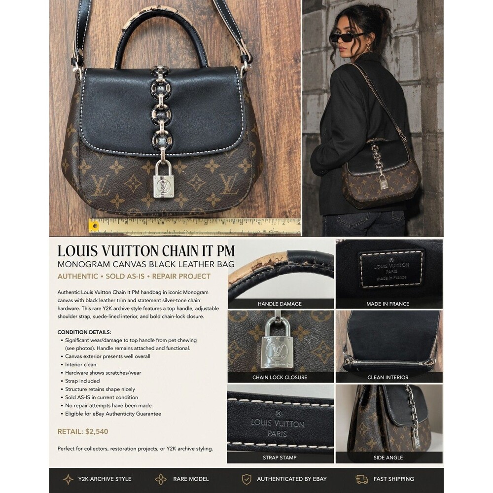 Louis Vuitton Chain It PM Monogram Black Leather Bag Auth AS IS Repair
